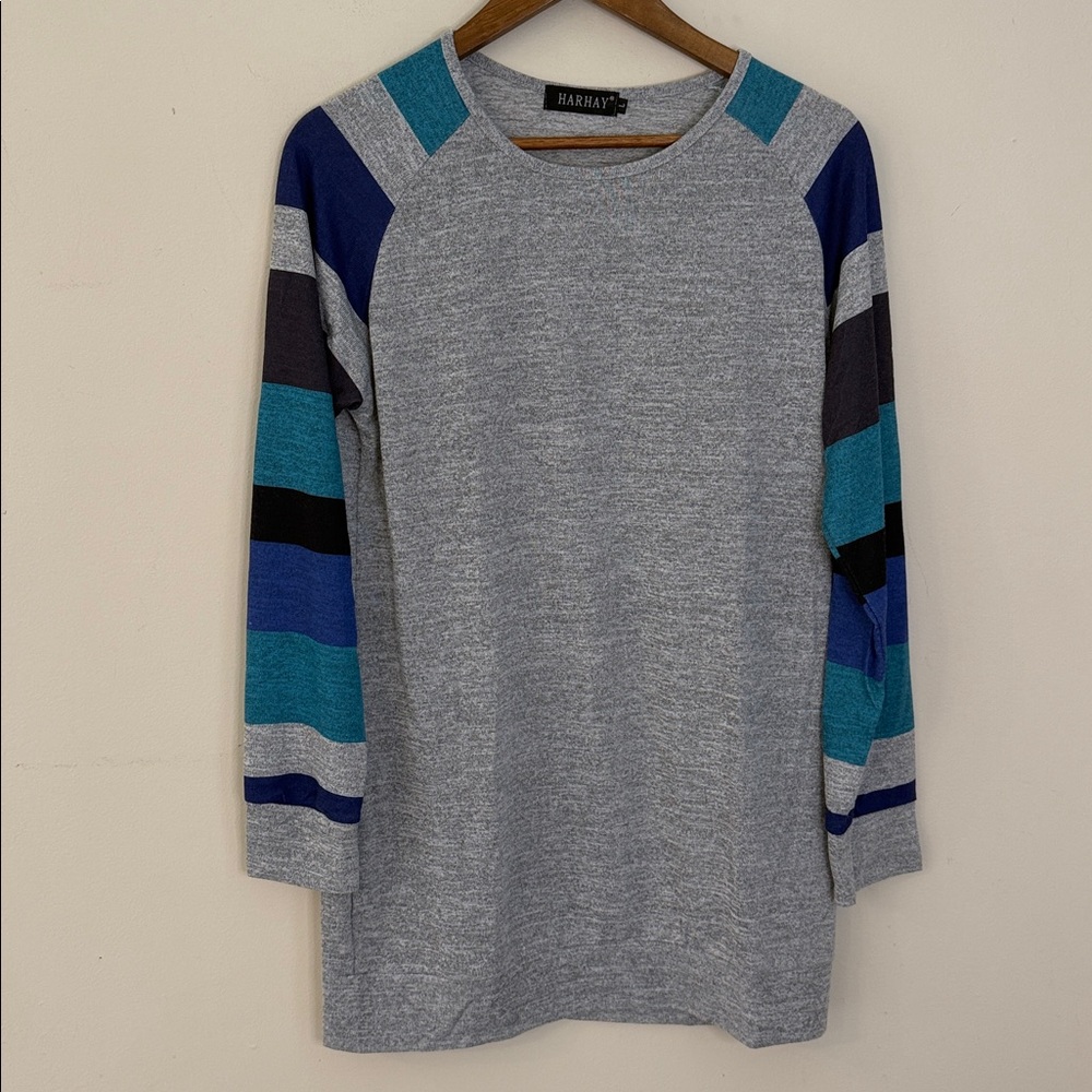 Harhay Gray Knit Sweater with vibrant teal blue gray striped long sleeves SZ LG